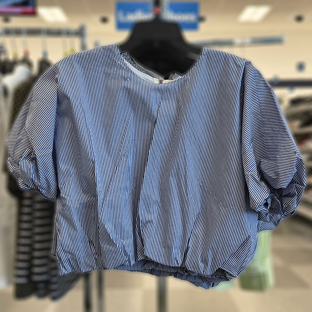Striped navy bubble sleeves top found in store at Ross. 