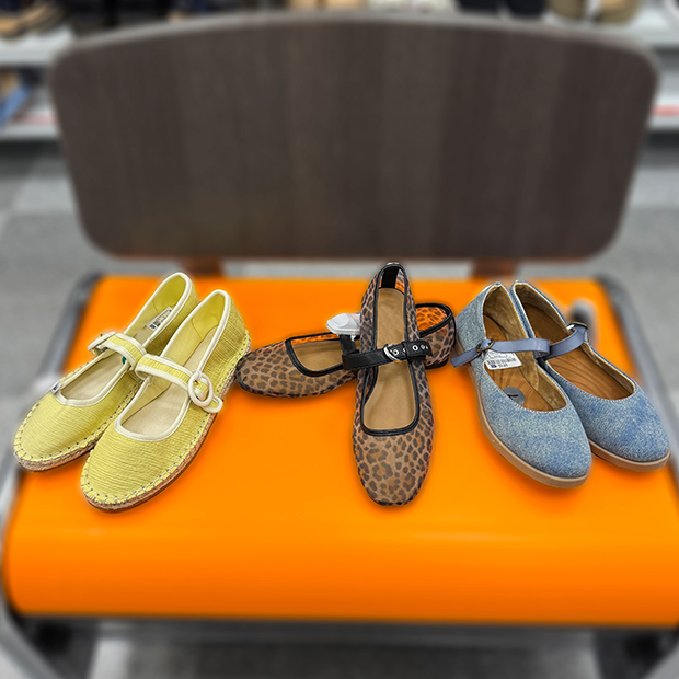 Three pairs of mary jane shoes: butter yellow espadrille mary jane shoes with white trim, mesh cheetah with black faux leather trim mary jane shoes , medium wash denim mary jane shoe with blue faux leather strap found in store at Ross. 