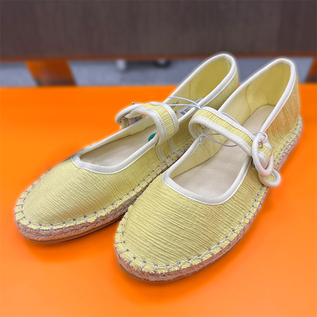 Butter yellow espadrille mary jane shoes with white trim found in store at Ross. 