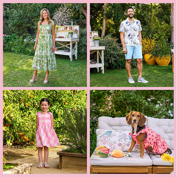 Woman wearing green dress in garden.   Man wearing short sleeved shirt and shorts in garden.   Girl wearing pink gingham dress in garden.   Dog wearing watermelon printed dress on an outdoor couch with fruit themed pull dog toy.  