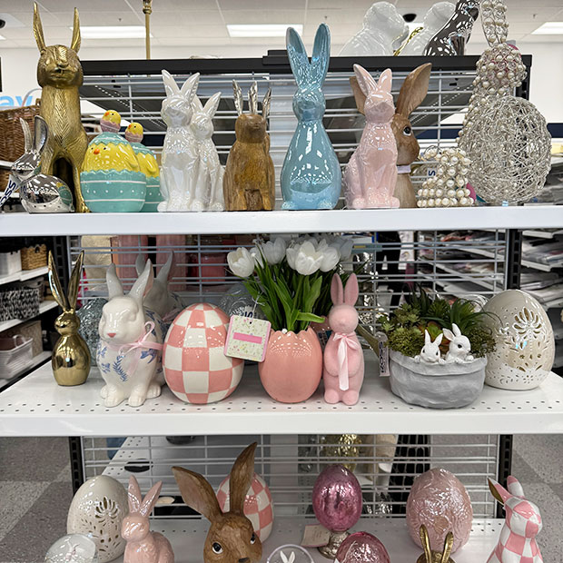 Display array of easter egg decor and bunnies, found in store at Ross. 