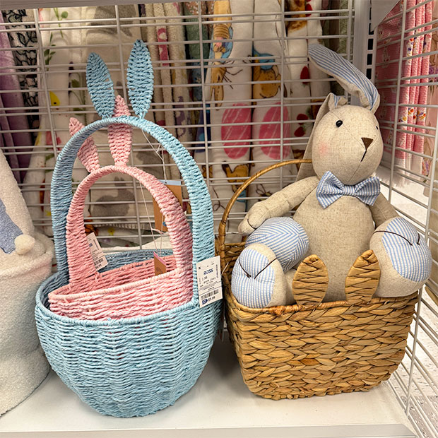 Pink, blue and rattan easter backets and a plush bunny with blue striped bow tie, found in store at Ross. 