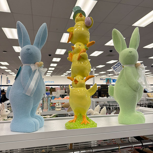 Blue and green bunny sculptures decor and stacked chicks sculpture decor, found in store at Ross. 