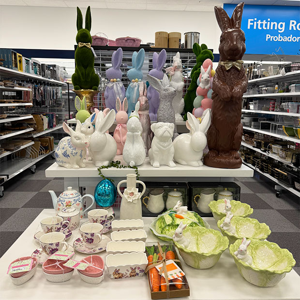 Display of various easter bunny, eggs, and tea sets and plates, found in store at Ross. 