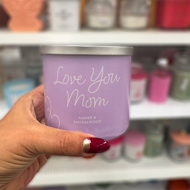 Love You Mom Lavender Glitter Candle found in store at Ross. 