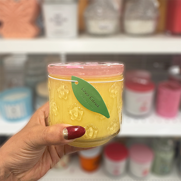 Lava Citrus Yellow and Pink Candle found in store at Ross.  