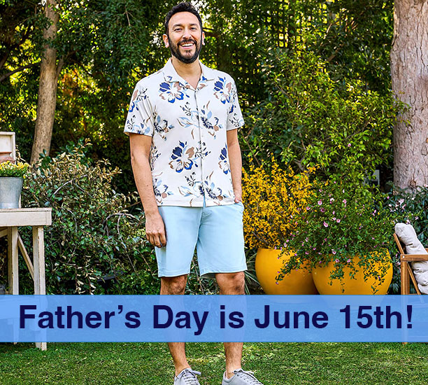 Man wearing floral shirt in garden. Father's Day is June 15th. 