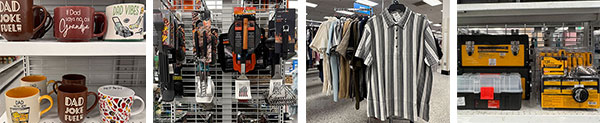 Assortment of mugs, grill tools, shirts, and tools found in store at Ross. 