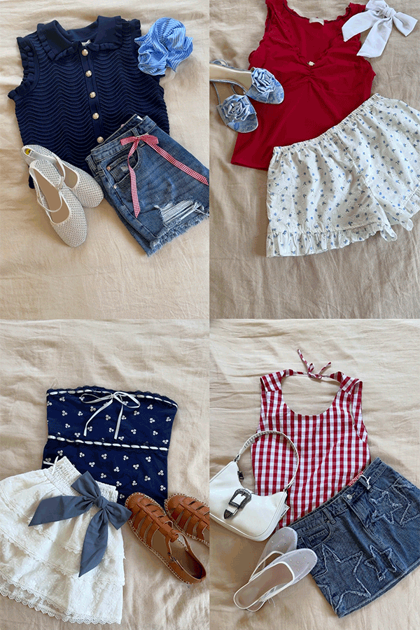 Four curated red, white and blue outfits set out with shirts, shorts, bags, and shoes.  