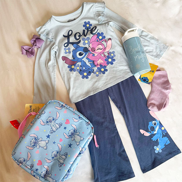 Disney’s Lilo and Stitch Outfit with lunch pail, water bottle and socks.  
