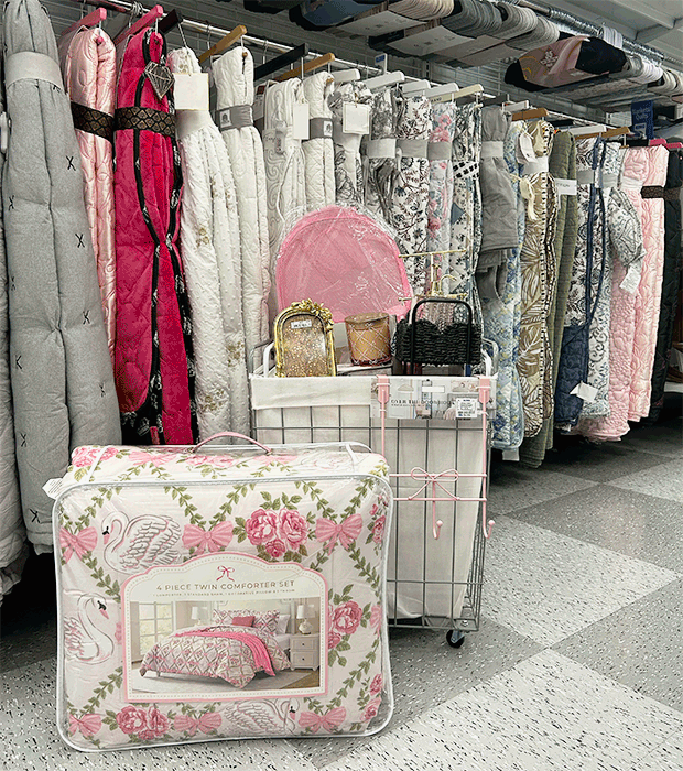 Curated dorm essentials in a hamper found in store a Ross in store.   Rack of decorative throw pillows found in store at Ross.   Shelf of organizational tiered units found in store at Ross. 