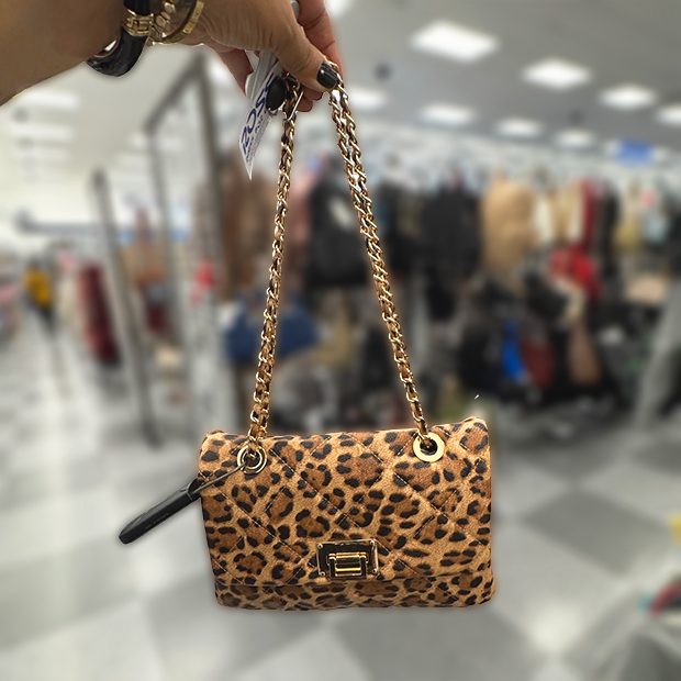 Leopard print handbag with gold chain strap found in store at Ross.         