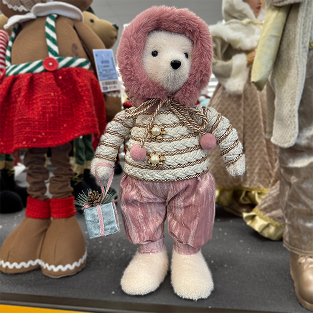 Plush bear figurine wearing a pink hood, striped sweater with rope details, and pink pants, holding a small gift found in store at Ross.  