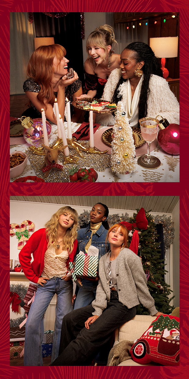 Split holiday scene showing a decorated dining table with candles and ornaments on top, and a living room with a Christmas tree and gifts below.