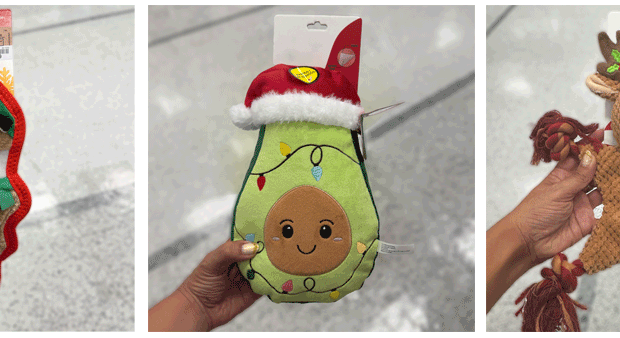 Animated image showing three holiday-themed dog toys: a red and green plush toy with wavy edges, a green avocado-shaped plush wearing a Santa hat and decorated with Christmas lights, and a brown reindeer-shaped rope toy from Ross.