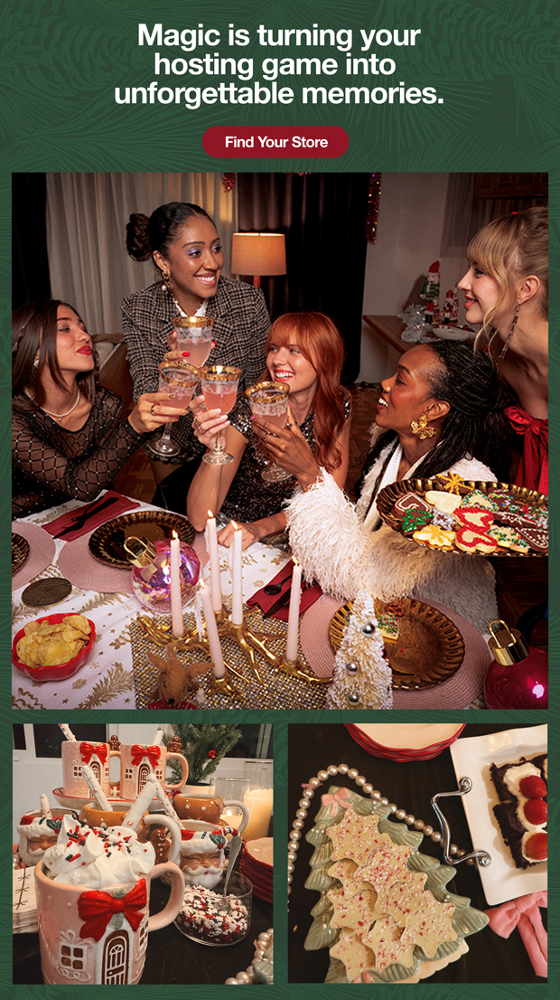 A festive holiday dinner table with gold-rimmed glasses raised in a toast, surrounded by elegant place settings, candles, and decorative ornaments. A plate of colorful holiday cookies is held near the center of the group.      Close-up of a holiday dessert spread featuring star-shaped white chocolate peppermint bark on a Christmas tree-shaped plate, next to a square plate with chocolate brownies topped with whipped cream and fresh strawberries.      A cozy holiday drink station with gingerbread-themed mugs filled with whipped cream-topped hot chocolate, sprinkled with red and green sprinkles. White chocolate-dipped pretzel sticks and a bowl of festive candy sprinkles are also visible. 