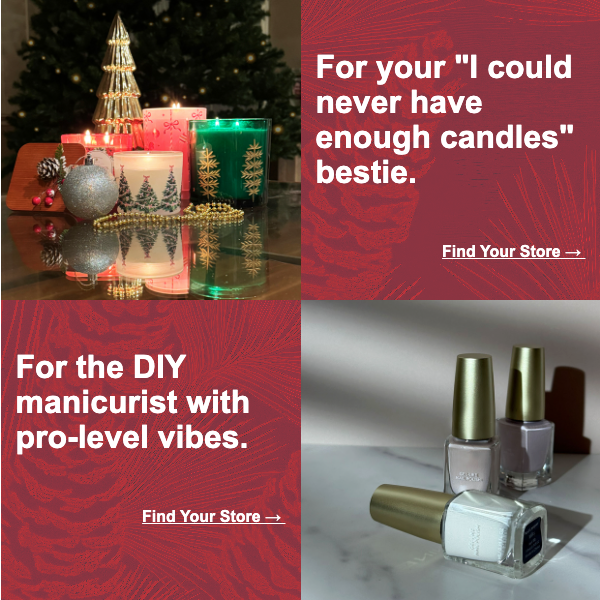 Assorted holiday candles in red, white, and gold with decorative Christmas trees and ornaments on a reflective surface.      Collection of nail polish bottles in neutral and metallic shades arranged on a marble surface. 