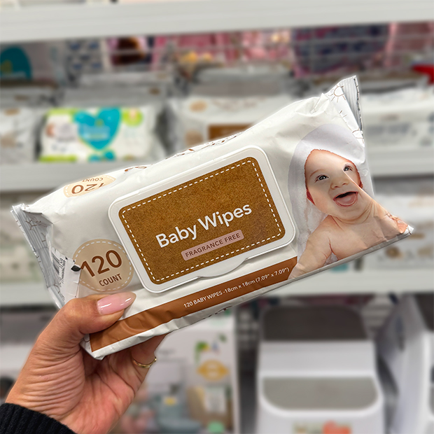 Fragrance-free baby wipes in a soft white and brown package labeled “120 count,” found in store at Ross.  