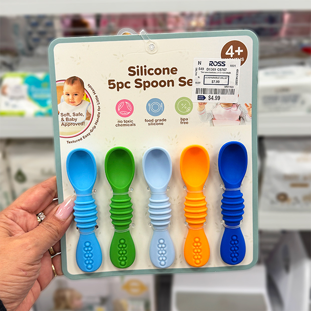 Silicone baby spoon set with five colorful spoons (blue, green, light blue, orange, and dark blue) found in store at Ross.  
