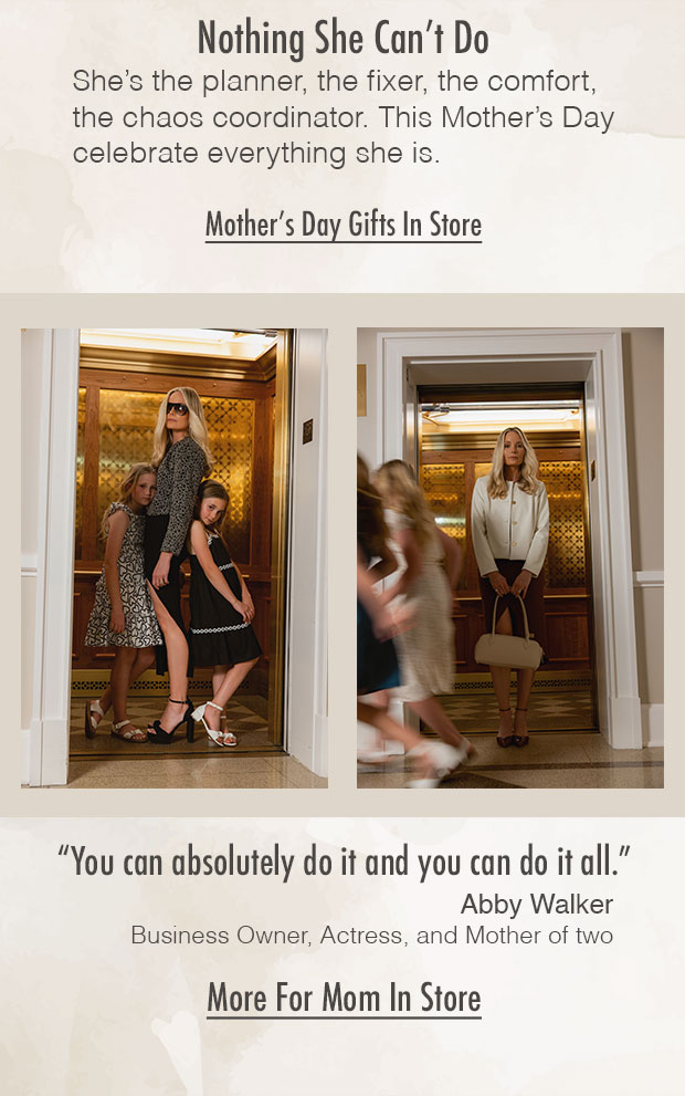 Two lifestyle photos of a parent with two children and a solo portrait of the same adult standing in an open elevator, wearing stylish clothing, with blurred people passing by in a hotel-like interior. Mother's Day Gifts In Store