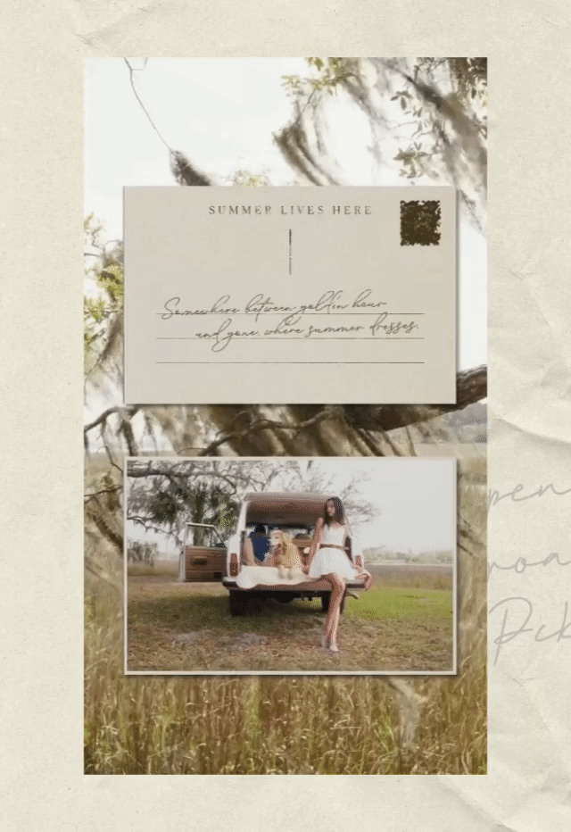 Summer postcard graphic and outdoor SUV scene with people and dog.