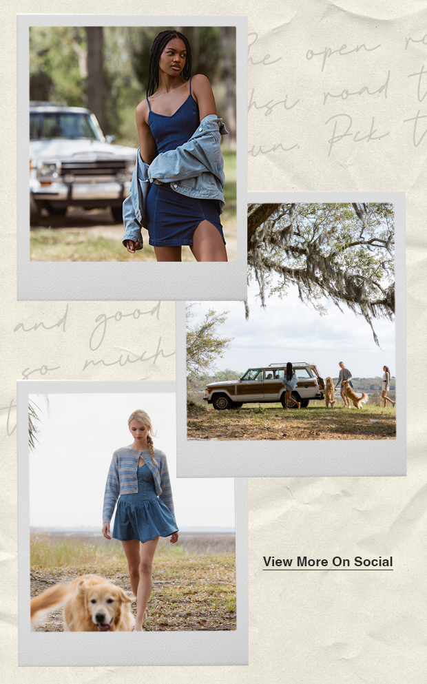Collage of outdoor lifestyle scenes including a person in a navy dress and denim jacket near a vintage SUV, a person walking a dog in a field, and a group gathered around a parked SUV under a large tree, with ‘View More On Social’ call to action.