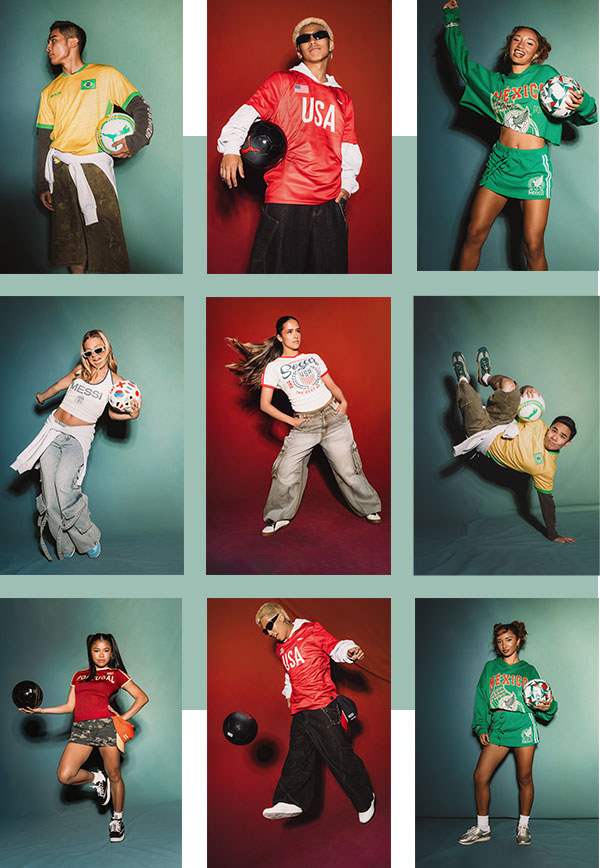 Grid of nine studio portraits showing individuals in soccer-inspired outfits posing and performing dynamic moves with soccer balls against bold red and green backdrops.