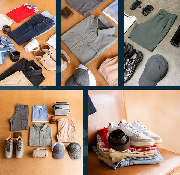 Flat lays of men’s Father’s Day outfits and accessories, including shirts, pants, shoes, hats, and belts arranged on neutral backgrounds.