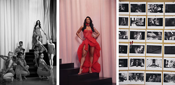 Three images showing a studio group posing on steps, a central figure in a red dress on stairs, and a wall display of black-and-white photo prints.