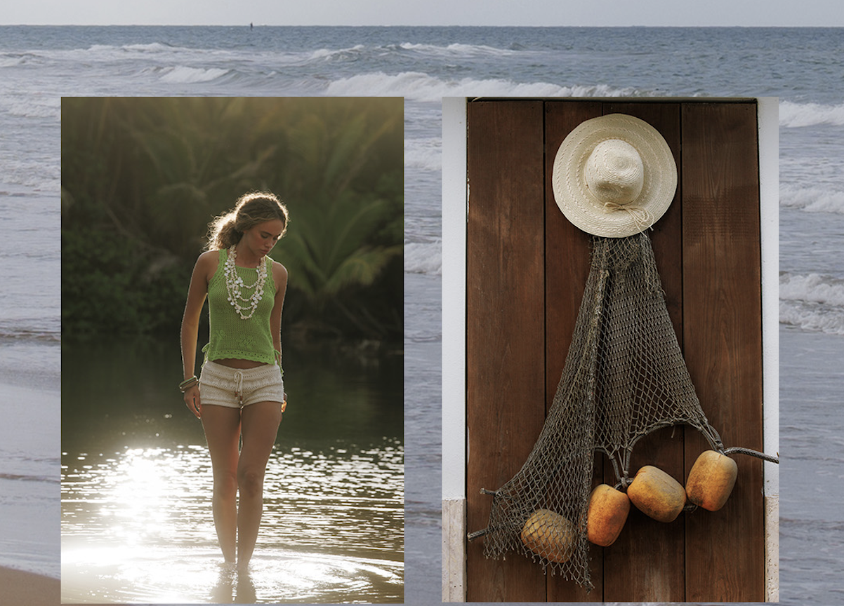 Collage of  lifestyle scenes including a person in a green top and white shorts walking on beach, image of hat hanging on wall