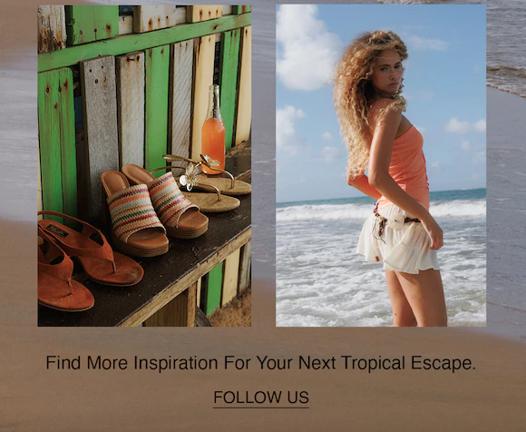 Image of sandals on a bench and a woman in an orange top with a white skirt on the beach. CTA directing to Instagram that says 