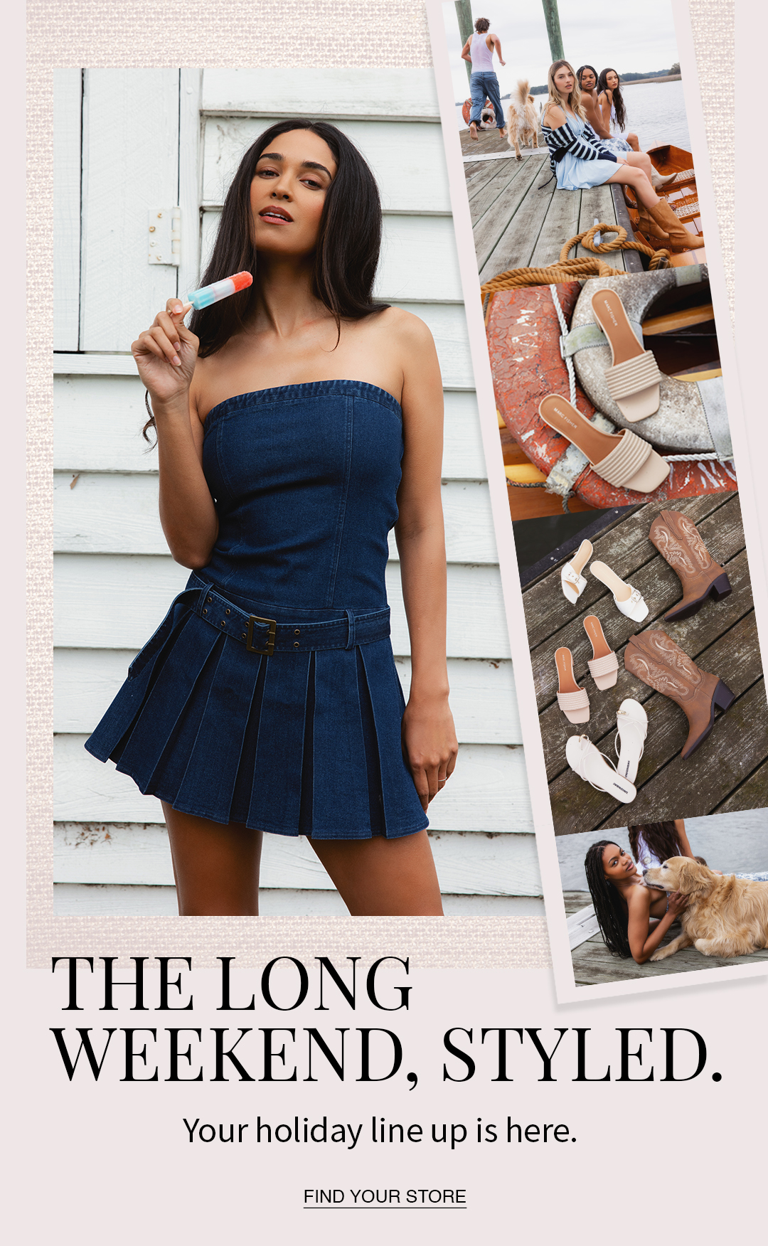 Person in denim dress with popsicle and collage of images on a dock including people and shoes