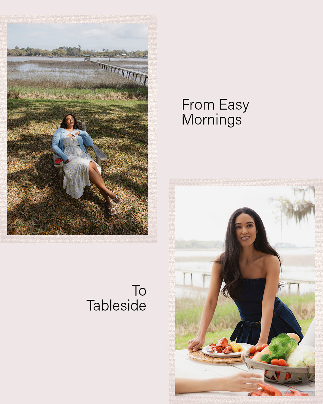 Person sitting in white dress near dock and person in denim dress setting picnic table