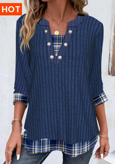 ROTITA Patchwork Plaid Dark Blue Split Neck T Shirt