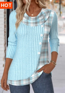 ROTITA Tummy Coverage Plaid Light Blue Draped Neck T Shirt