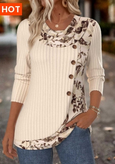 ROTITA Tummy Coverage Floral Print Beige Draped Neck T Shirt
