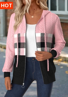 ROTITA Tummy Coverage Plaid Light Pink Hooded Long Sleeve Coat