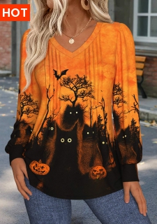 ROTITA Halloween Tuck Stitch Orange V Neck T Shirt