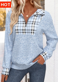 ROTITA Plaid Light Blue Turn Down Collar Long Sleeve Sweatshirt