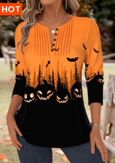 ROTITA Halloween Tummy Coverage Orange Split Neck T Shirt