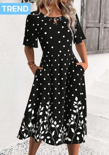 ROTITA Polka Dot Black Round Neck Half Sleeve Dress
