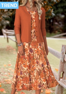 ROTITA Tummy Coverage Random Floral Print Orange Dress and Cardigan
