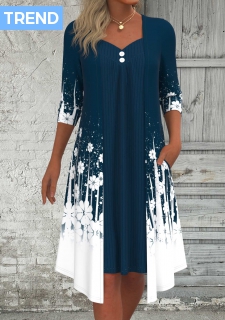 ROTITA Fake 2in1 Floral Print Peacock Blue A Line Dress