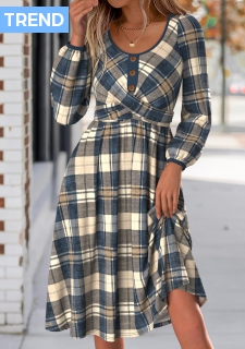 ROTITA Tummy Coverage Plaid Multi Color Round Neck Dress