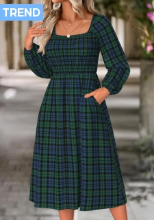 ROTITA Tummy Coverage Plaid Green Square Neck Long Sleeve Dress