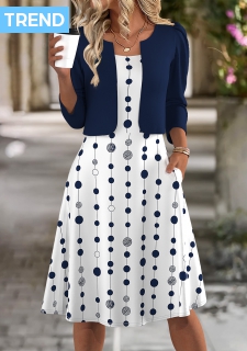 ROTITA Polka Dot Navy Round Neck Dress and Cardigan
