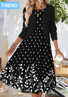 ROTITA Tummy Coverage Floral Print Black Dress and Cardigan