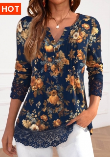 ROTITA Lace Pumpkin Print Navy Split Neck T Shirt