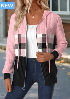 ROTITA Tummy Coverage Plaid Light Pink Hooded Long Sleeve Coat