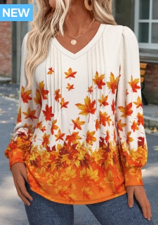ROTITA Tuck Stitch Leaf Print Orange V Neck T Shirt